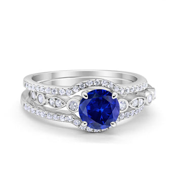Trio Set Three Piece Wedding Ring Round Simulated Blue Sapphire CZ 925 Sterling Silver